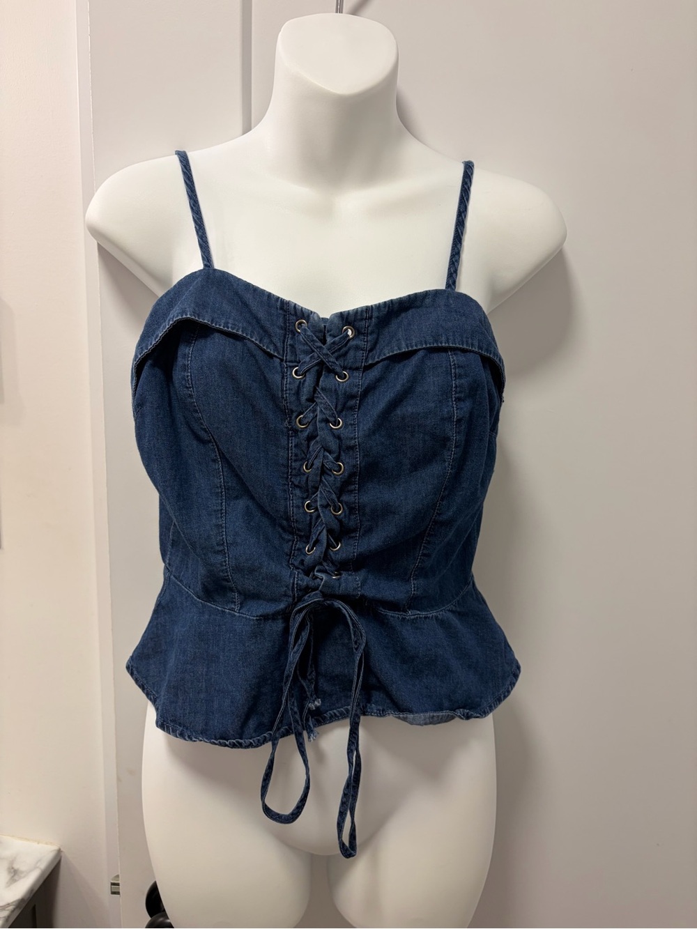 Haute Monde Navy Denim Lace-Up Peplum Camisole
